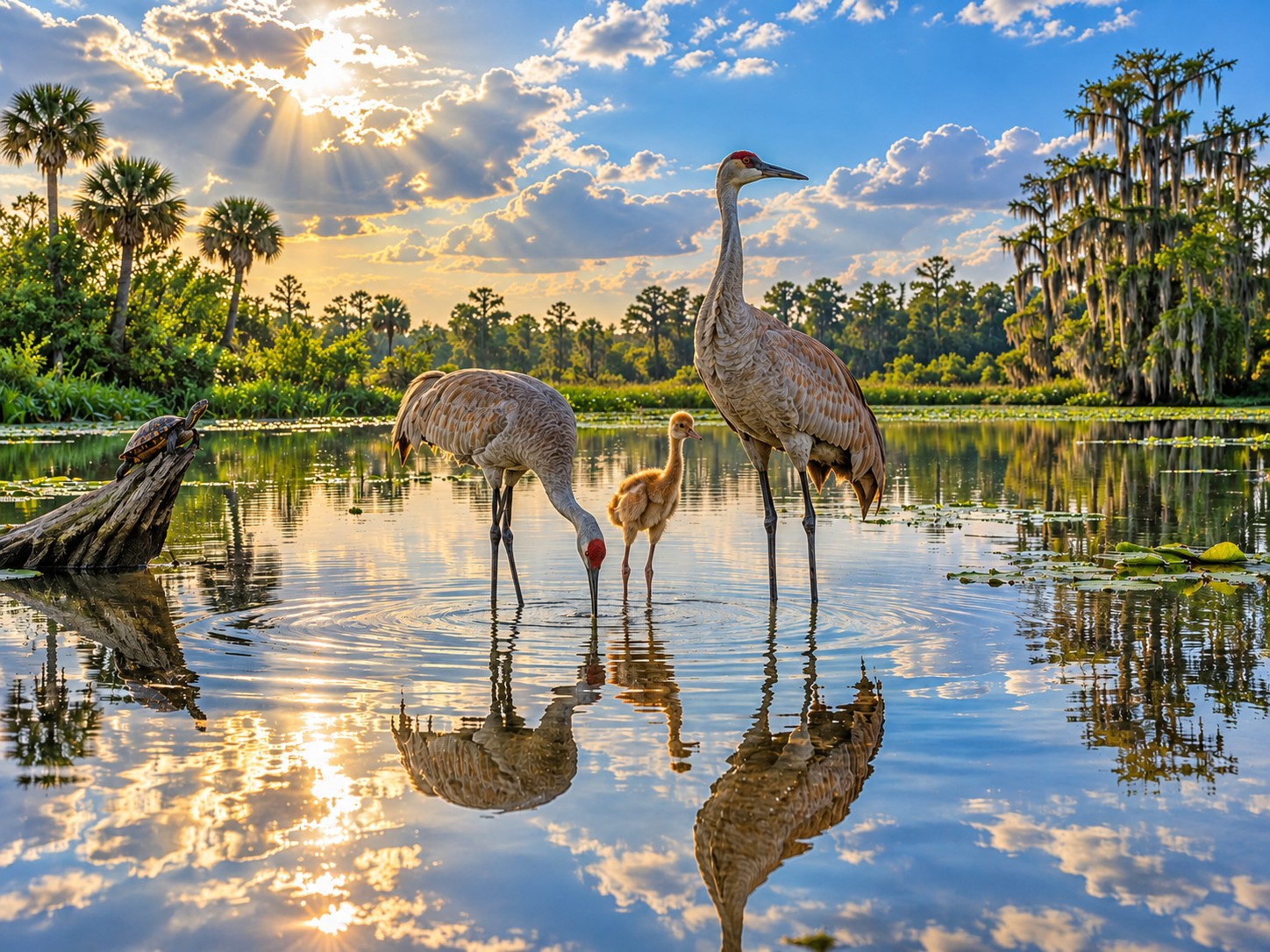 Sandhill Cranes in Pond