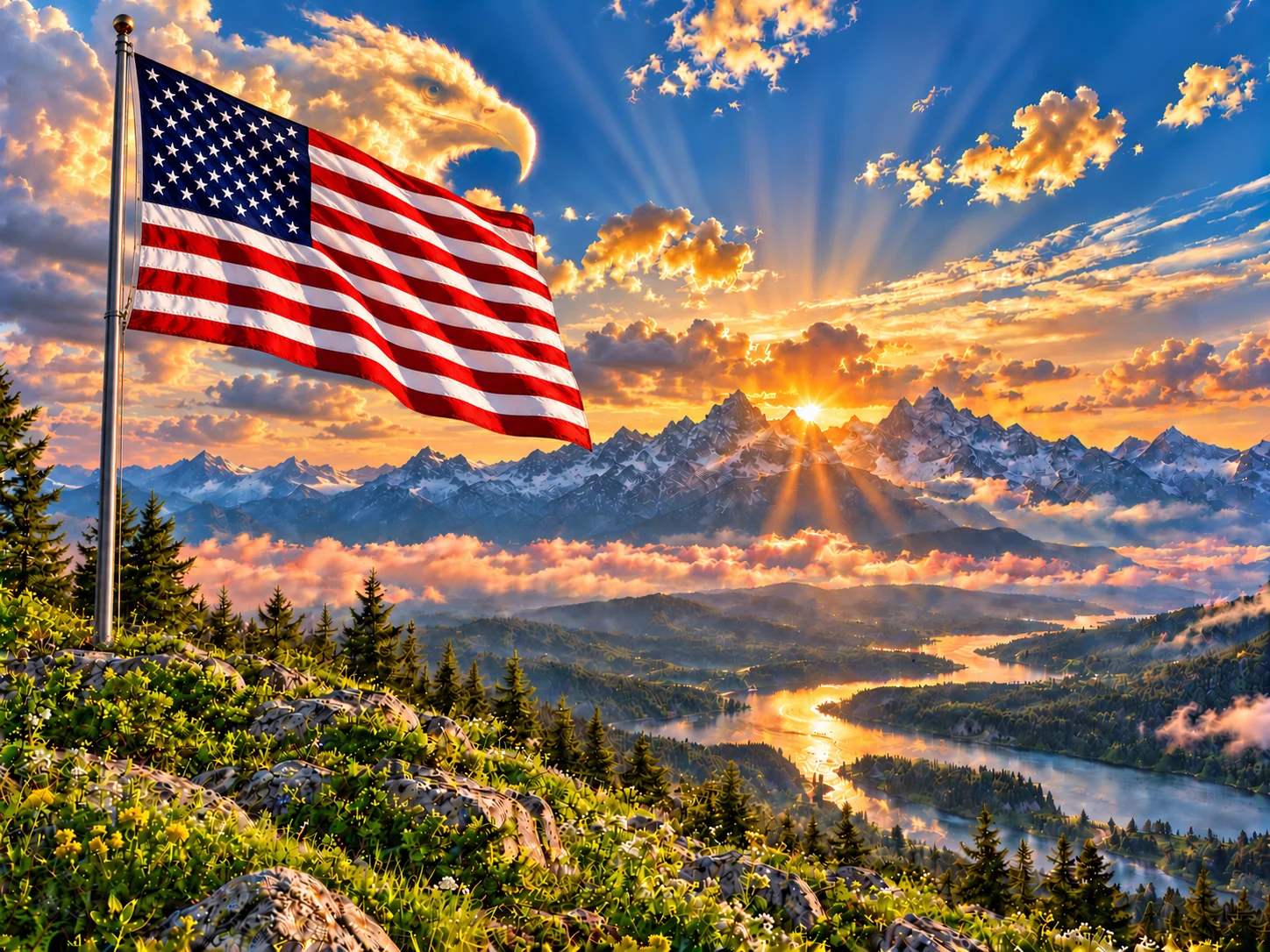 Eagle in Clouds with Flag