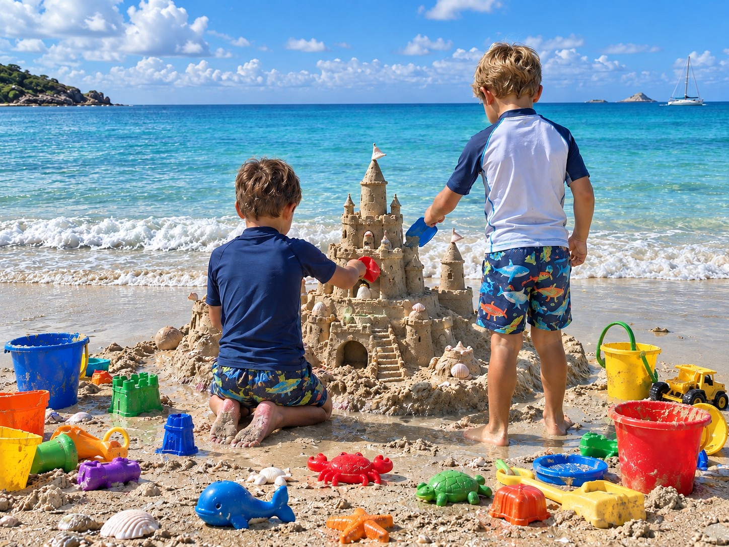Boys Building Sand Castle